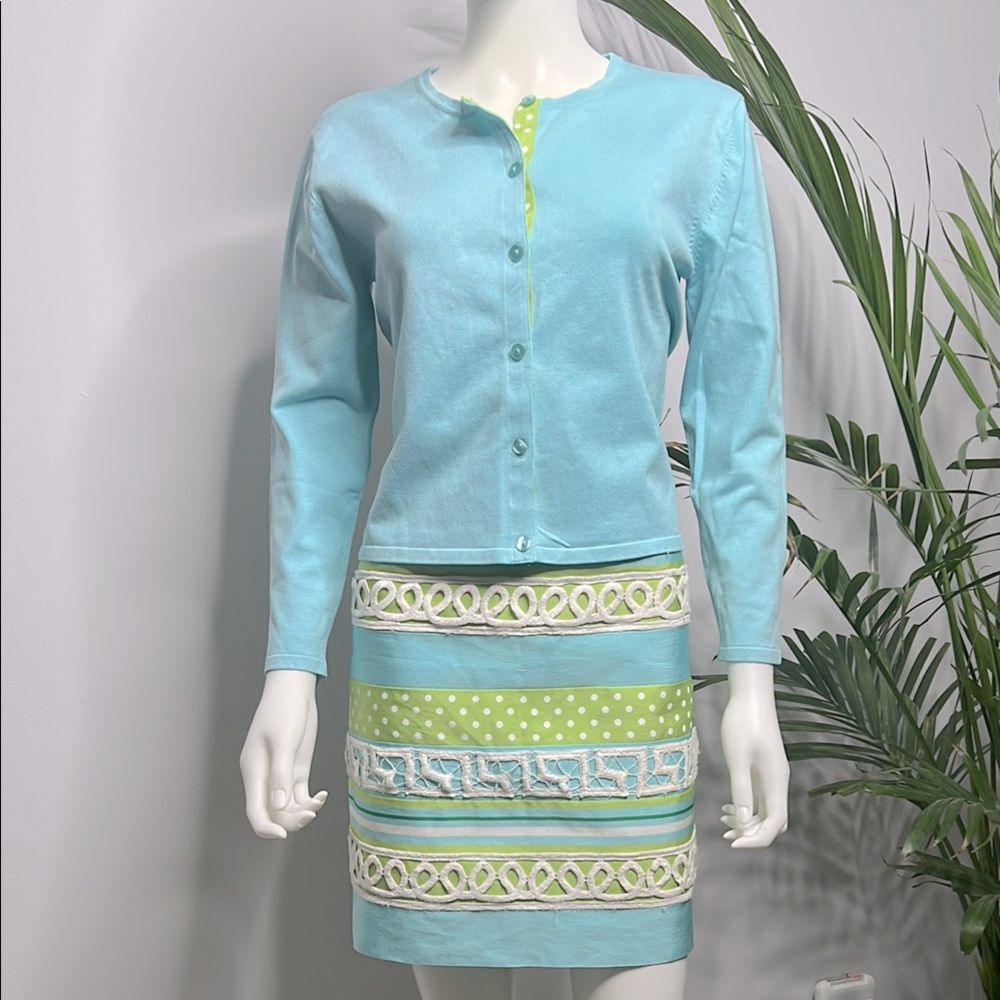 Green&Blue Embellished Pencil Skirt And Silk Cardigan Size PM Easter-Baby Shower